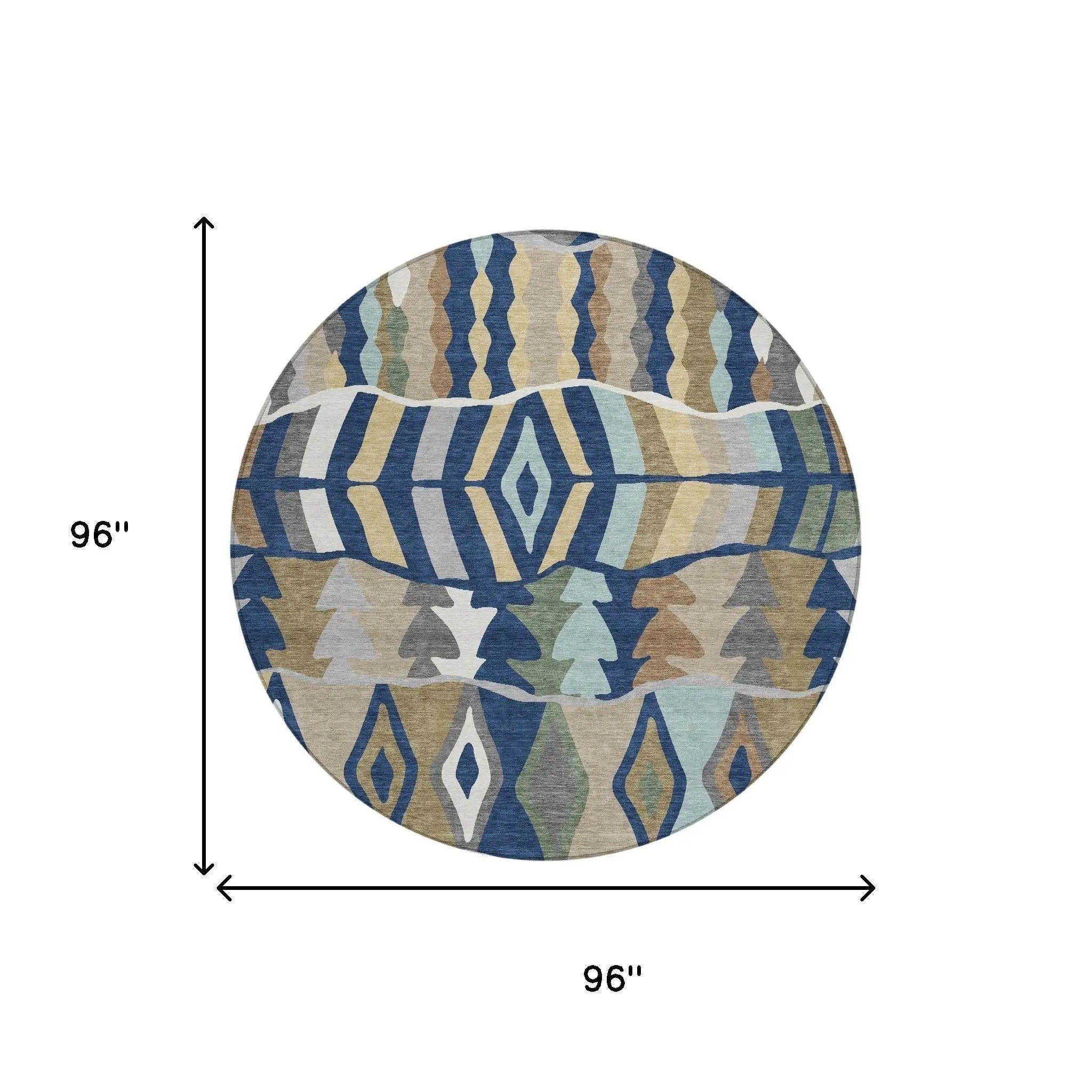 8' Navy Blue And Blue Round Geometric Washable Indoor Outdoor Area Rug Homeroots Outdoor