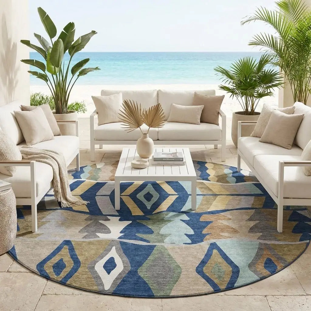 8' Navy Blue And Blue Round Geometric Washable Indoor Outdoor Area Rug Homeroots Outdoor