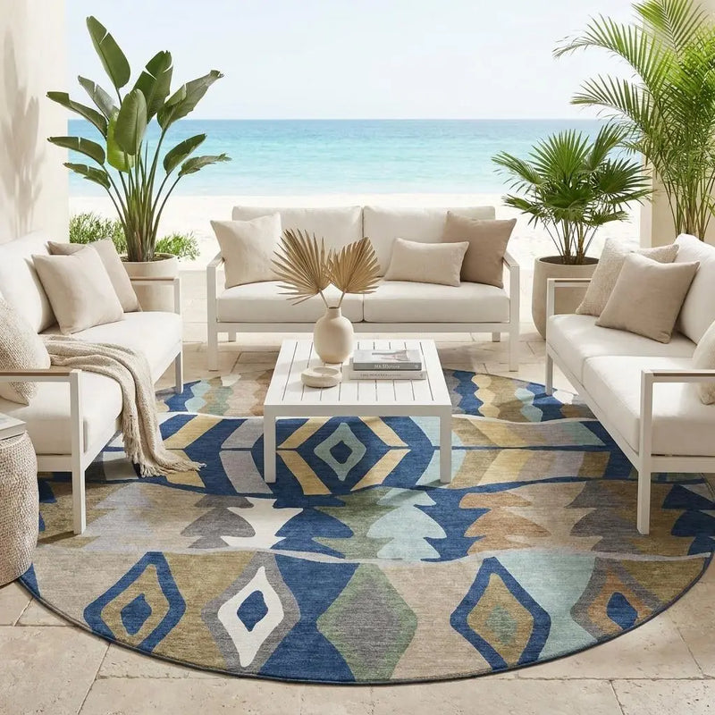 8' Navy Blue And Blue Round Geometric Washable Indoor Outdoor Area Rug Homeroots Outdoor