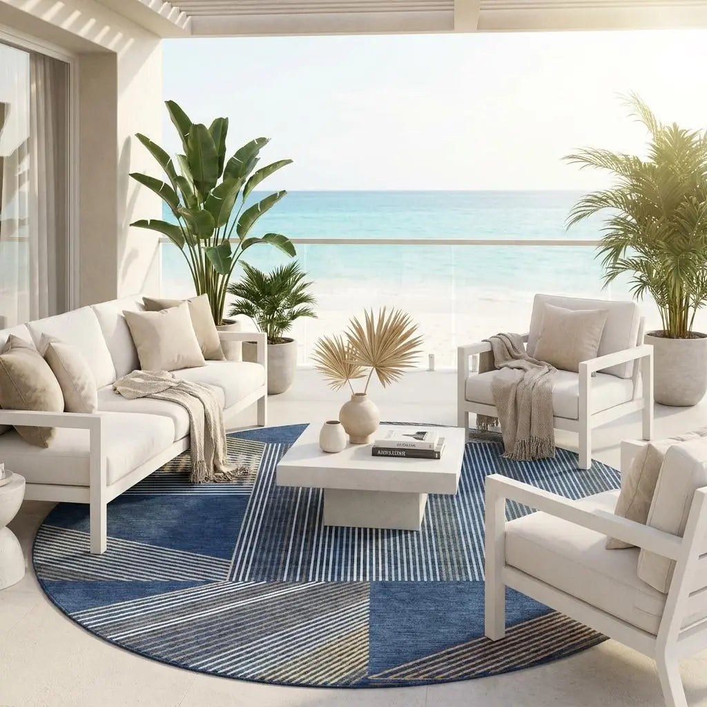 8' Navy Blue And Blue Round Geometric Washable Indoor Outdoor Area Rug Homeroots Outdoor