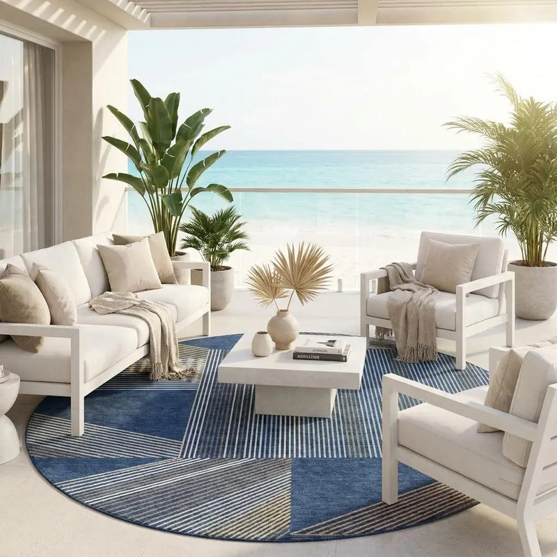 8' Navy Blue And Blue Round Geometric Washable Indoor Outdoor Area Rug Homeroots Outdoor
