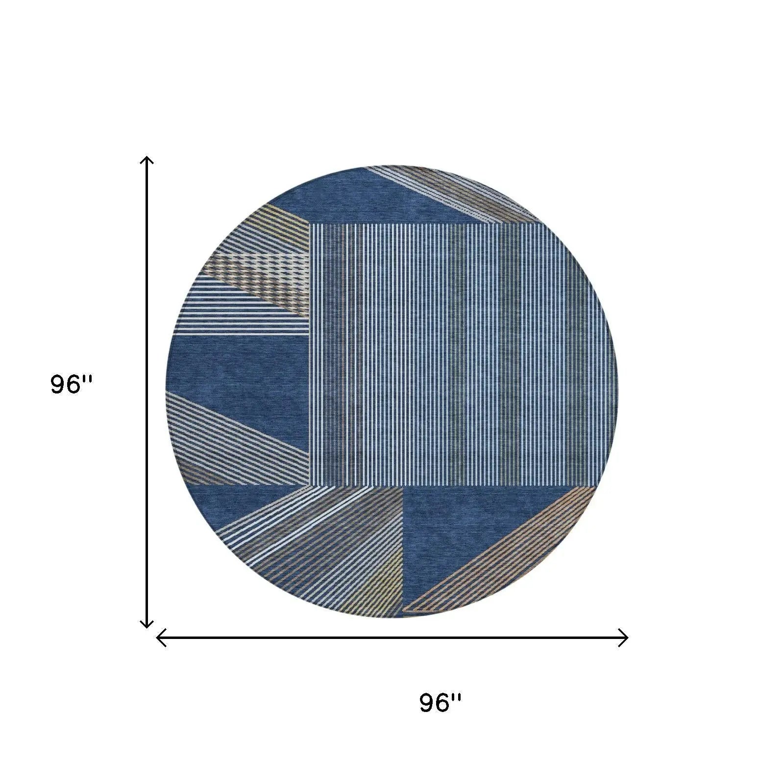 8' Navy Blue And Blue Round Geometric Washable Indoor Outdoor Area Rug Homeroots Outdoor