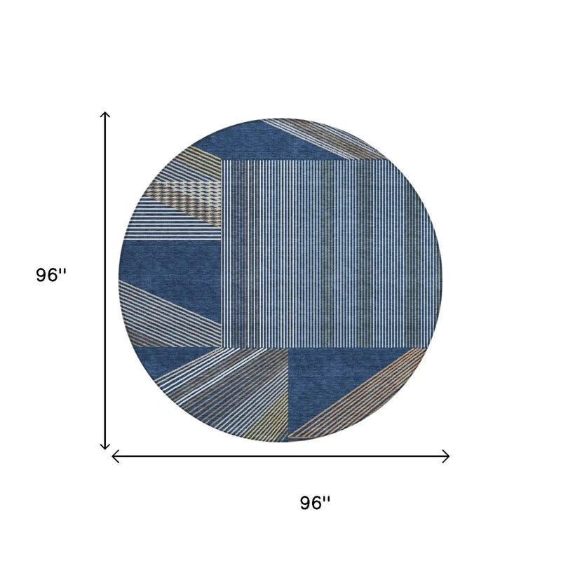 8' Navy Blue And Blue Round Geometric Washable Indoor Outdoor Area Rug Homeroots Outdoor
