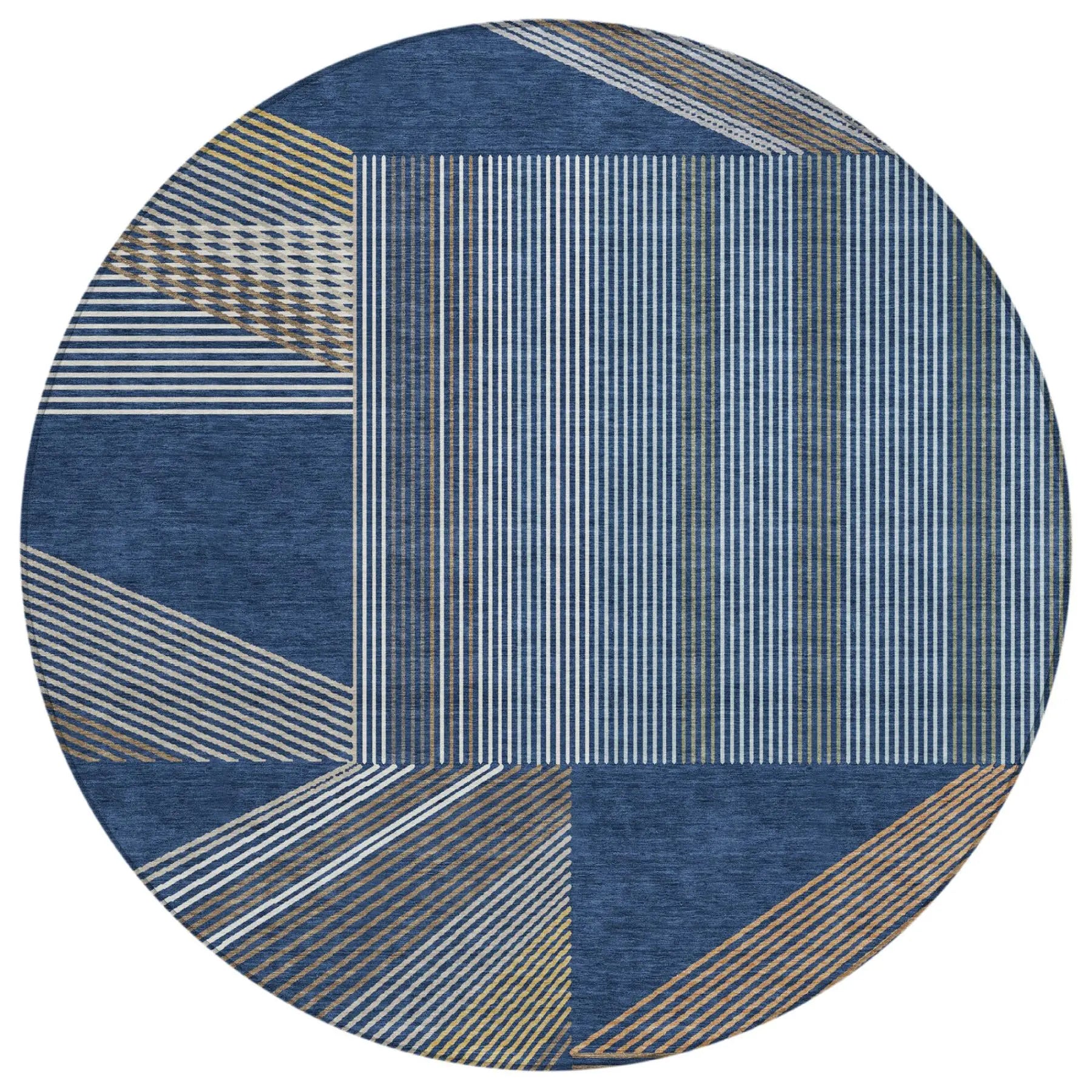 8' Navy Blue And Blue Round Geometric Washable Indoor Outdoor Area Rug Homeroots Outdoor
