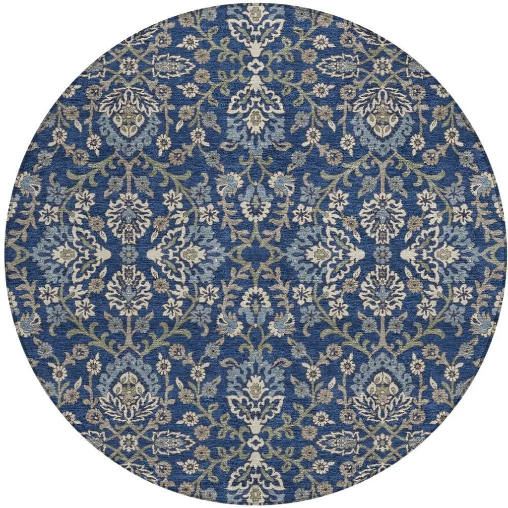 8' Navy Blue And Blue Round Geometric Washable Indoor Outdoor Area Rug Homeroots Outdoor