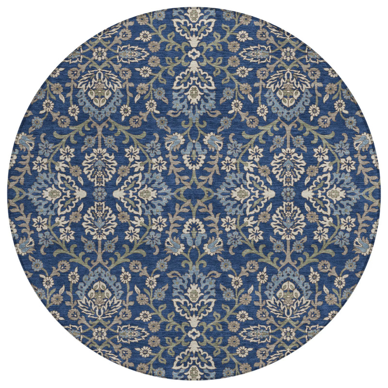 8' Navy Blue And Blue Round Geometric Washable Indoor Outdoor Area Rug Homeroots Outdoor
