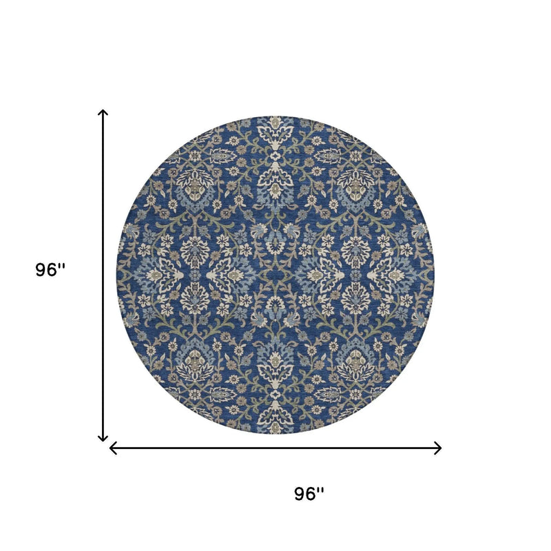8' Navy Blue And Blue Round Geometric Washable Indoor Outdoor Area Rug Homeroots Outdoor