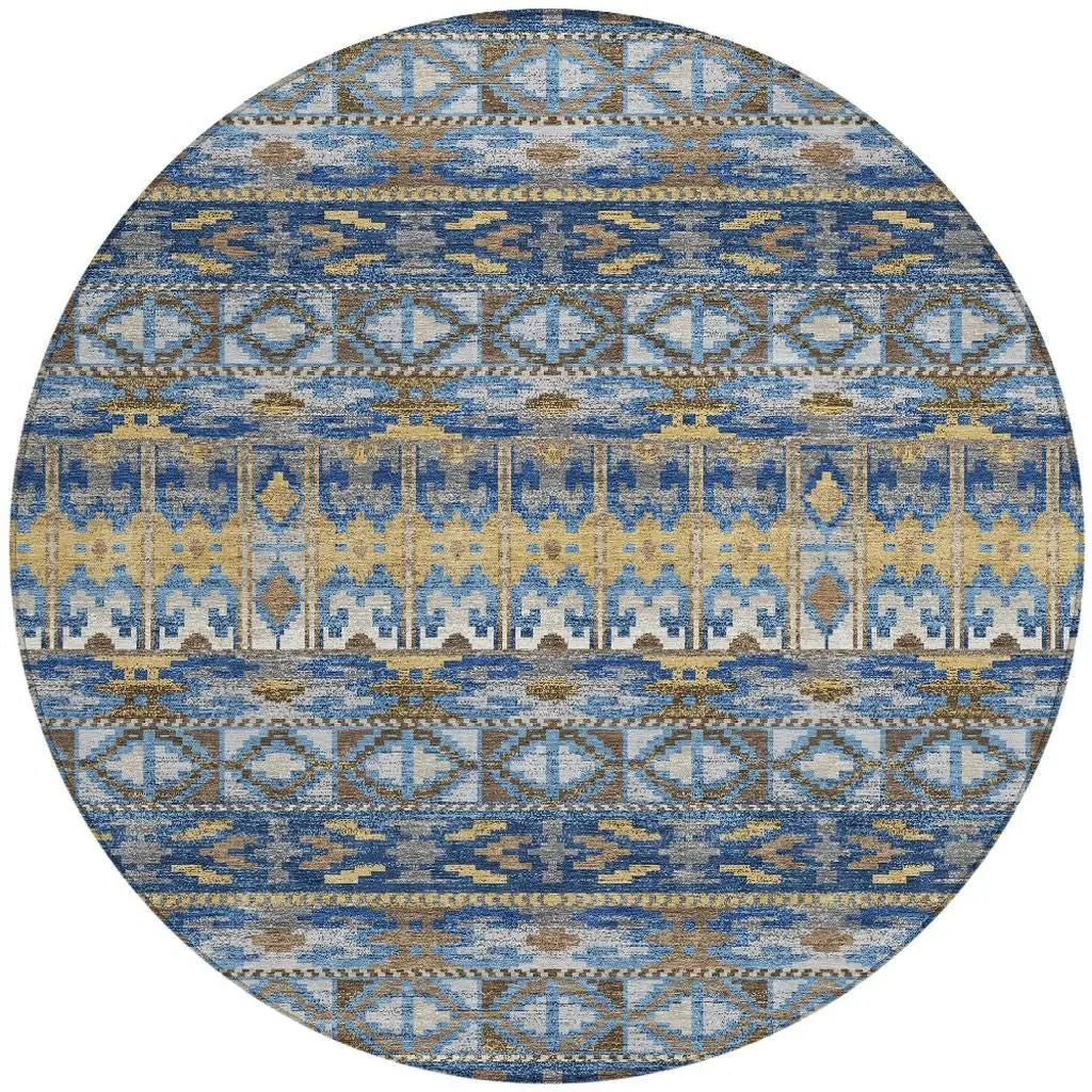 8' Navy Blue And Blue Round Geometric Washable Indoor Outdoor Area Rug Homeroots Outdoor