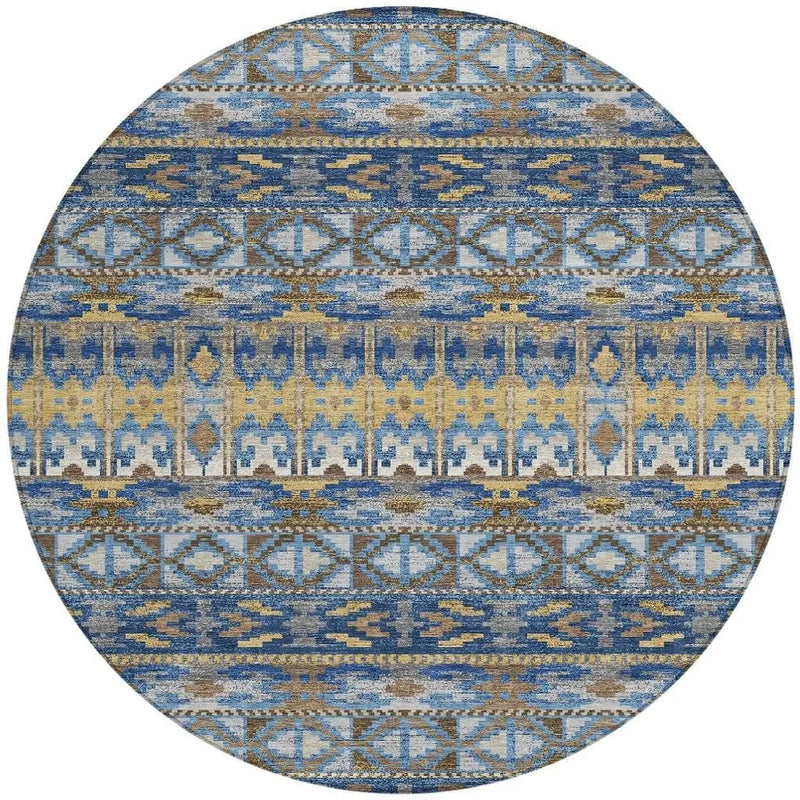 8' Navy Blue And Blue Round Geometric Washable Indoor Outdoor Area Rug Homeroots Outdoor