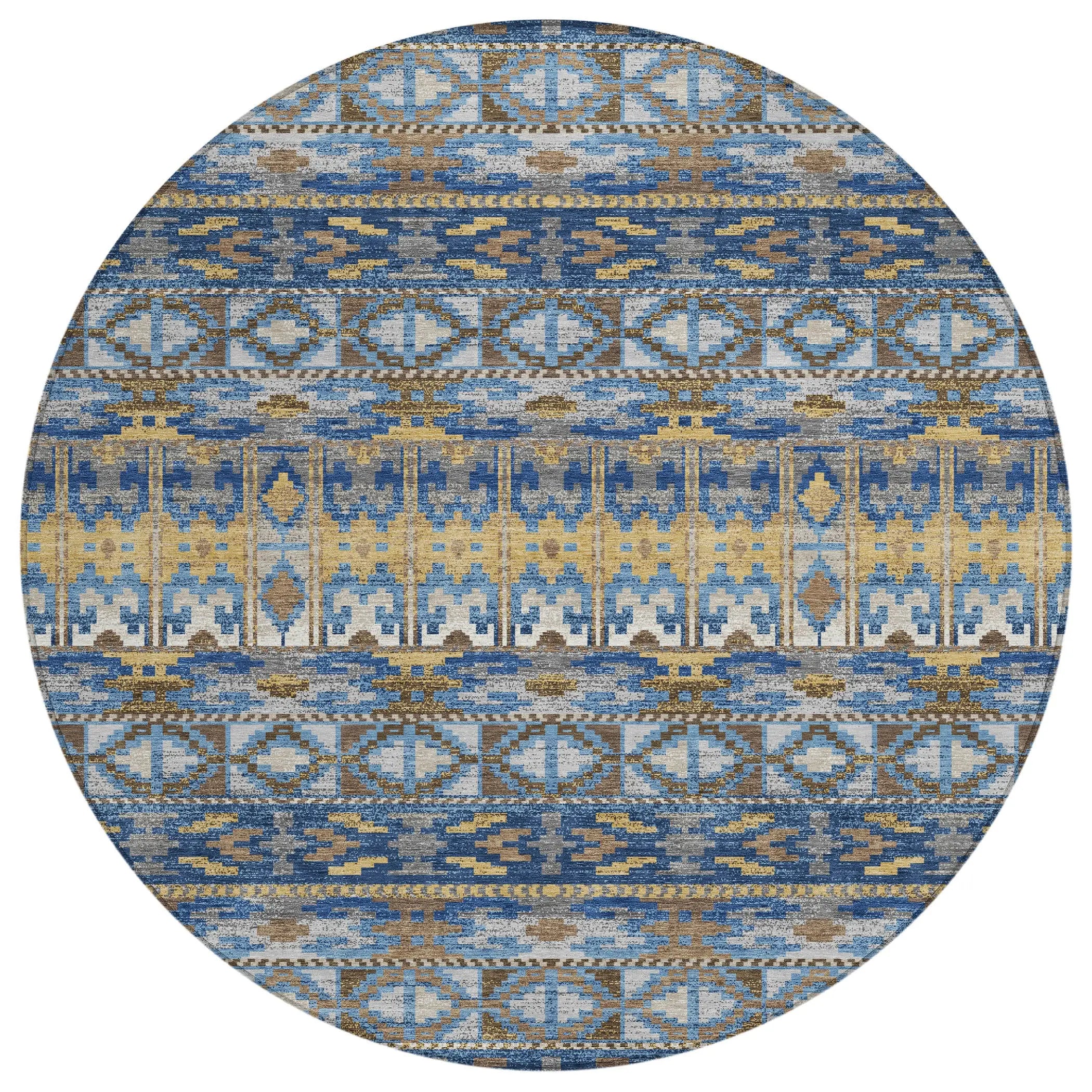 8' Navy Blue And Blue Round Geometric Washable Indoor Outdoor Area Rug Homeroots Outdoor