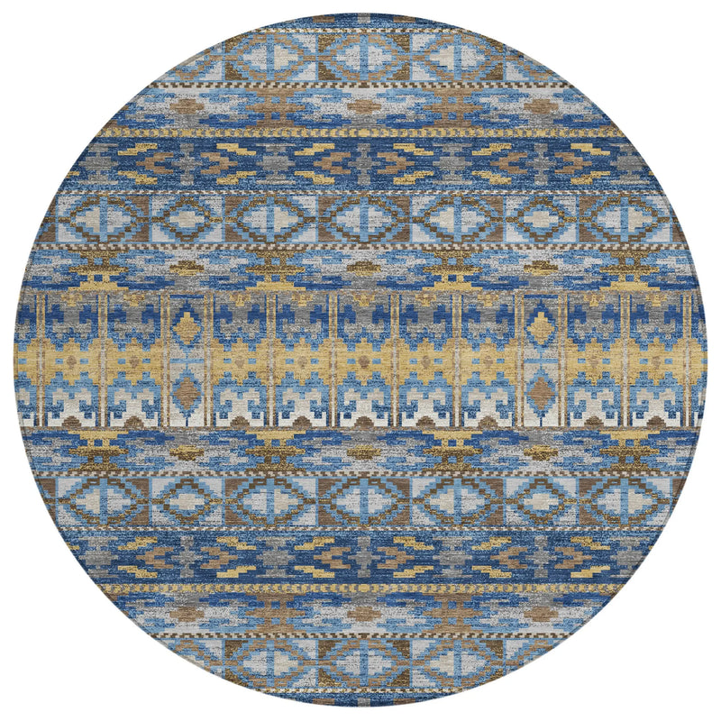 8' Navy Blue And Blue Round Geometric Washable Indoor Outdoor Area Rug Homeroots Outdoor