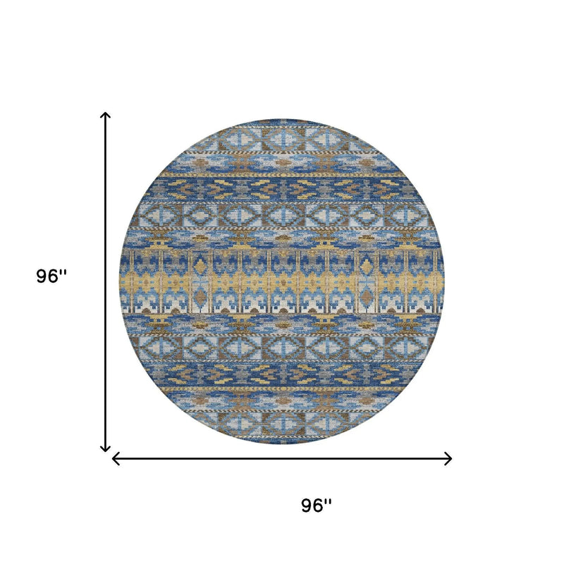 8' Navy Blue And Blue Round Geometric Washable Indoor Outdoor Area Rug Homeroots Outdoor