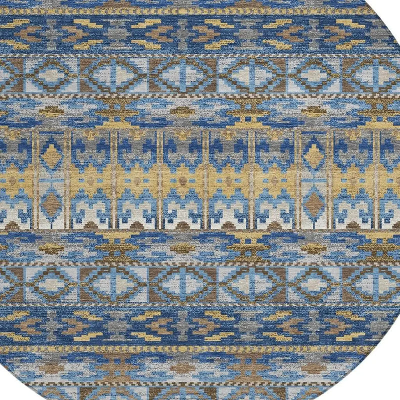 8' Navy Blue And Blue Round Geometric Washable Indoor Outdoor Area Rug Homeroots Outdoor