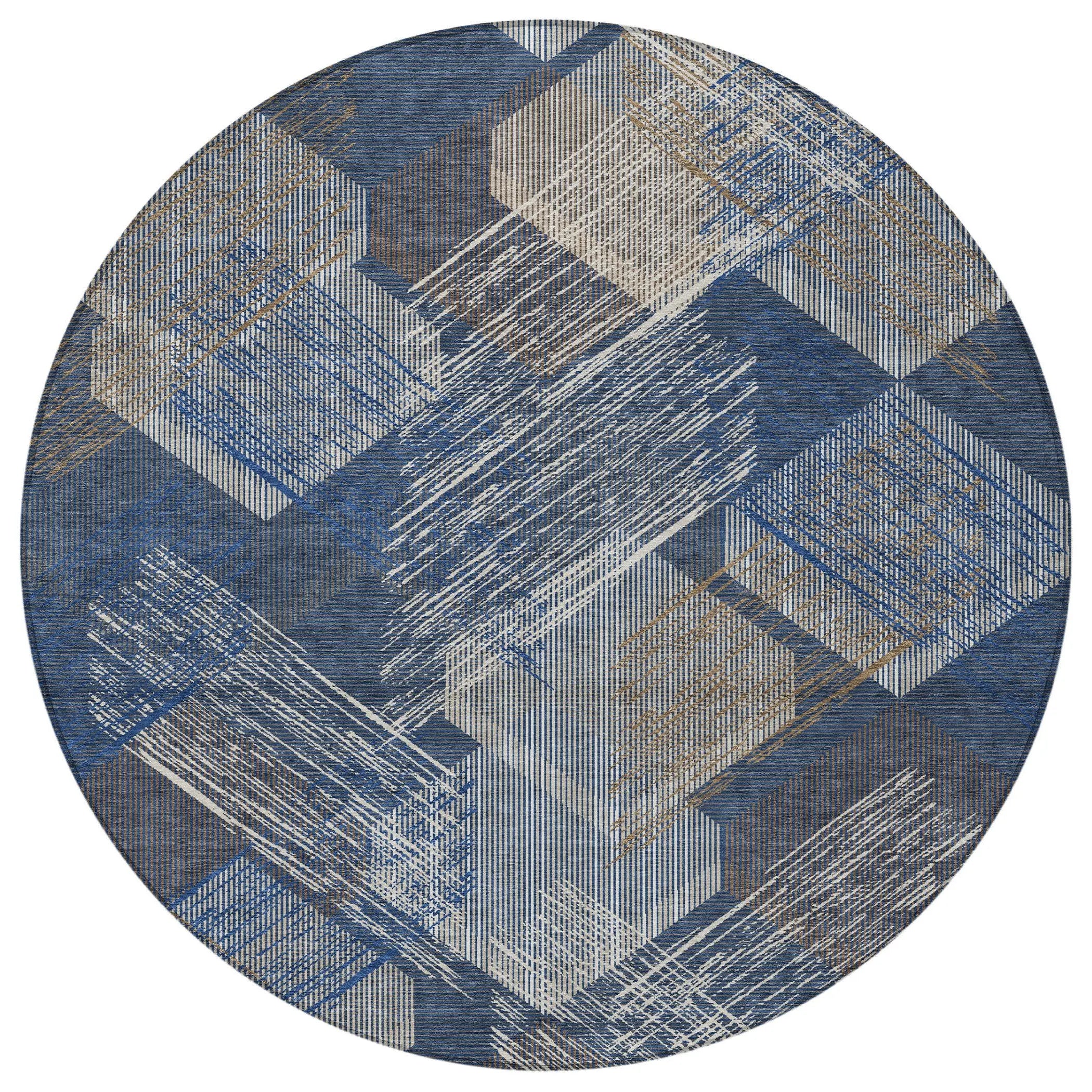 8' Navy Blue And Blue Round Geometric Washable Indoor Outdoor Area Rug Homeroots Outdoor