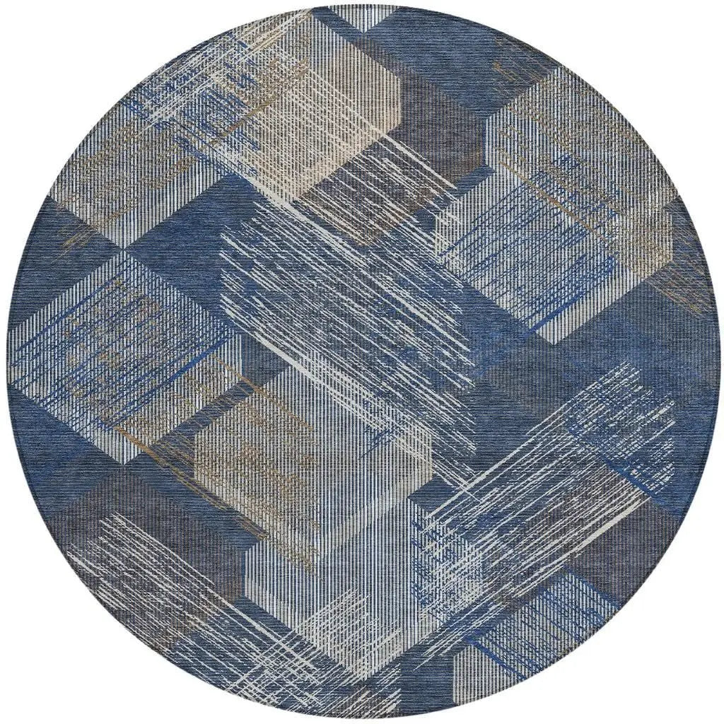 8' Navy Blue And Blue Round Geometric Washable Indoor Outdoor Area Rug Homeroots Outdoor
