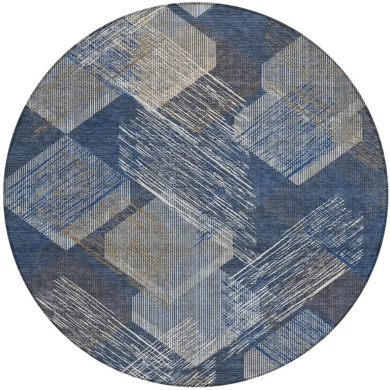 8' Navy Blue And Blue Round Geometric Washable Indoor Outdoor Area Rug Homeroots Outdoor