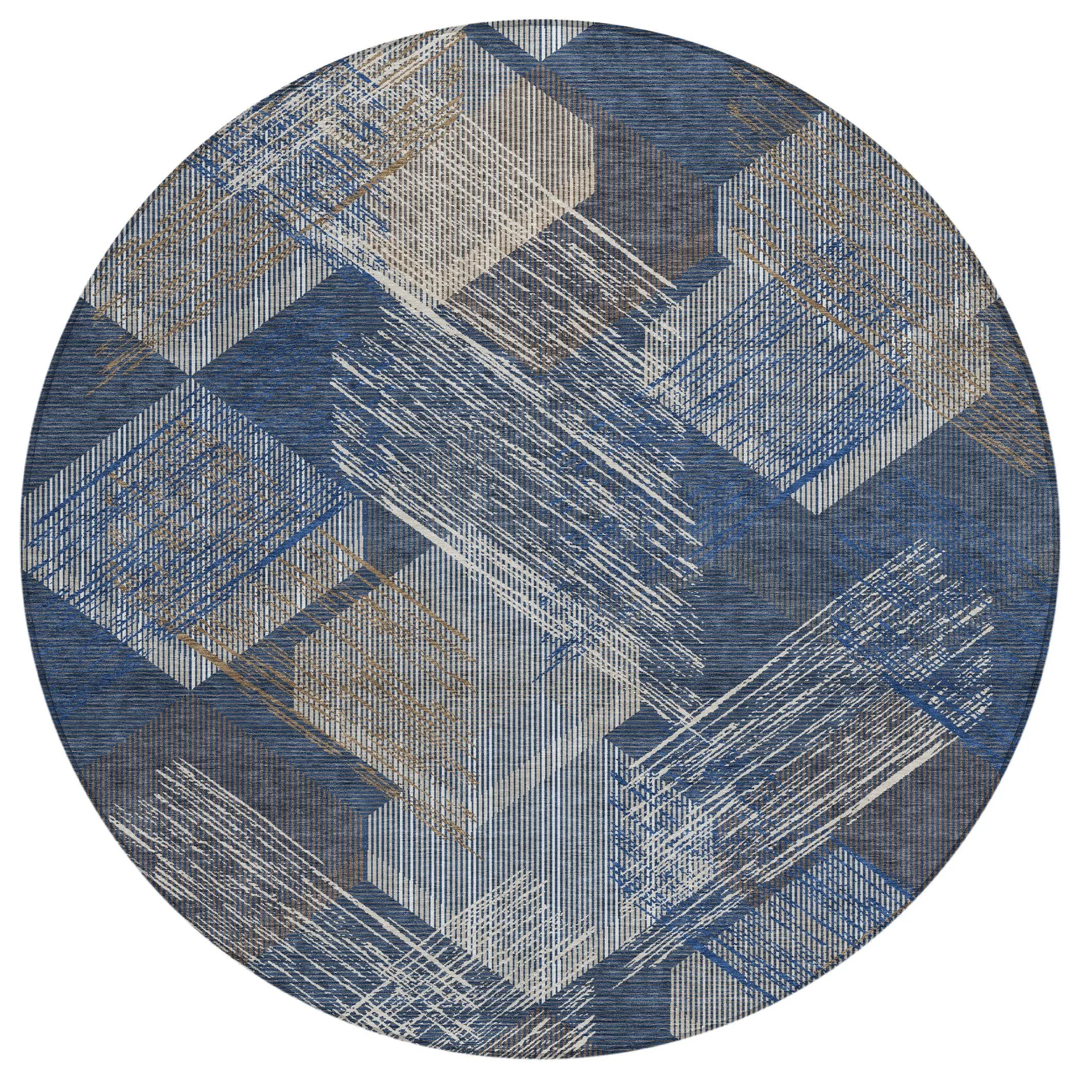 8' Navy Blue And Blue Round Geometric Washable Indoor Outdoor Area Rug Homeroots Outdoor