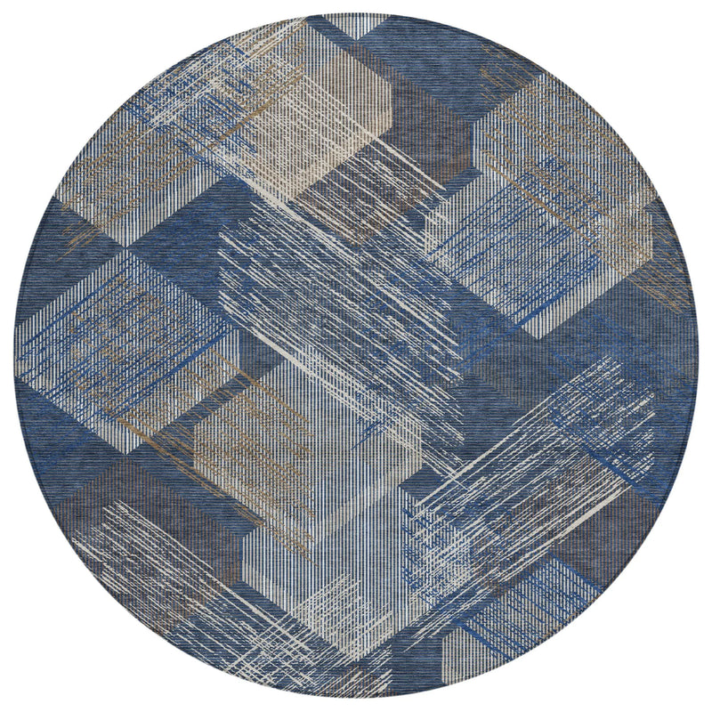 8' Navy Blue And Blue Round Geometric Washable Indoor Outdoor Area Rug Homeroots Outdoor