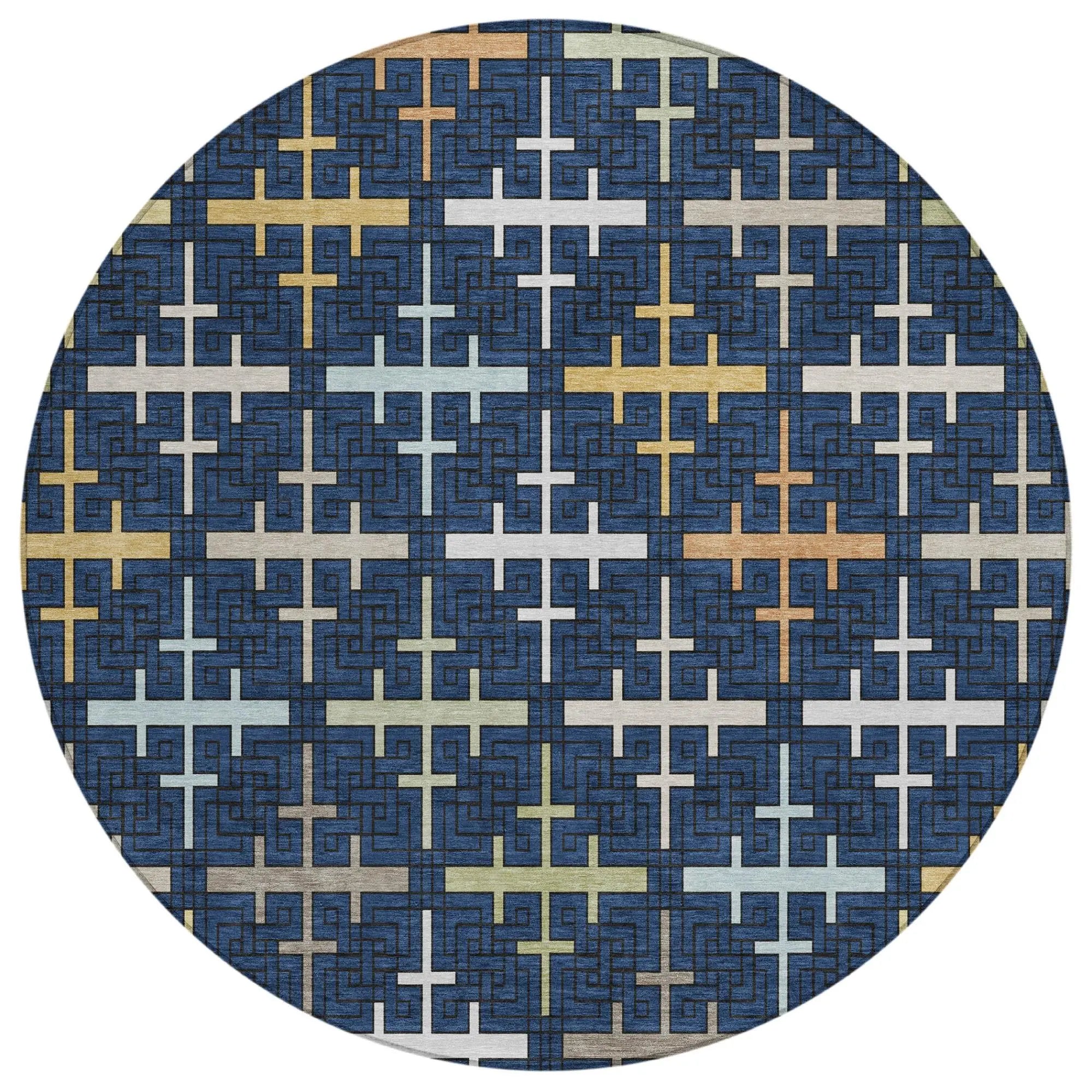 8' Navy Blue And Blue Round Geometric Washable Indoor Outdoor Area Rug Homeroots Outdoor