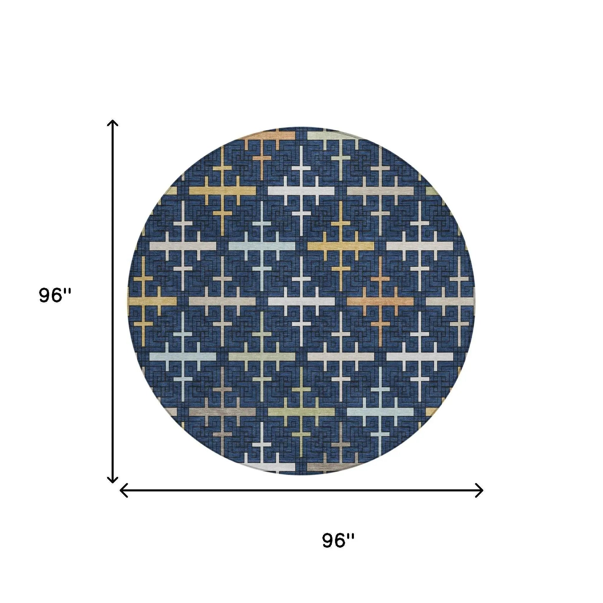 8' Navy Blue And Blue Round Geometric Washable Indoor Outdoor Area Rug Homeroots Outdoor