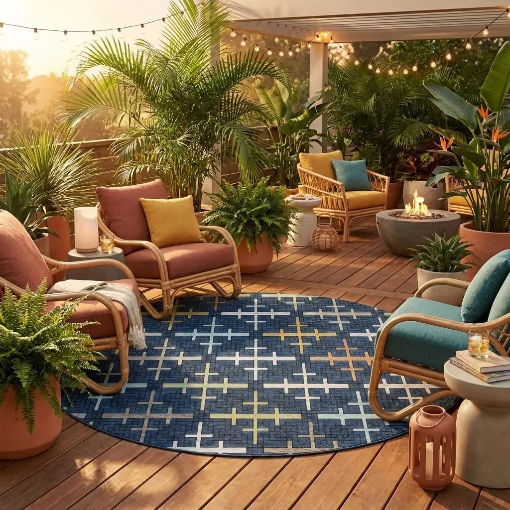 8' Navy Blue And Blue Round Geometric Washable Indoor Outdoor Area Rug Homeroots Outdoor