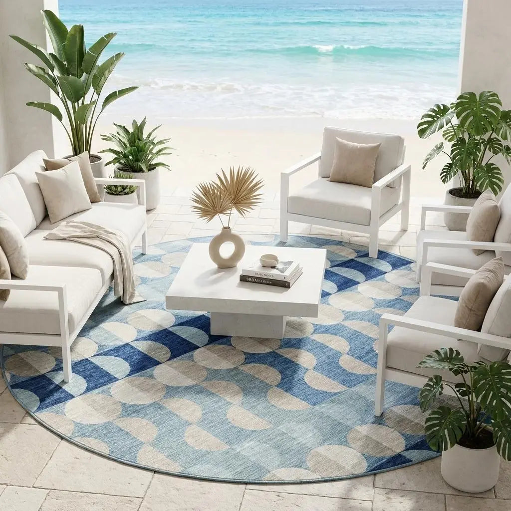8' Navy Blue And Blue Round Geometric Washable Indoor Outdoor Area Rug Homeroots Outdoor