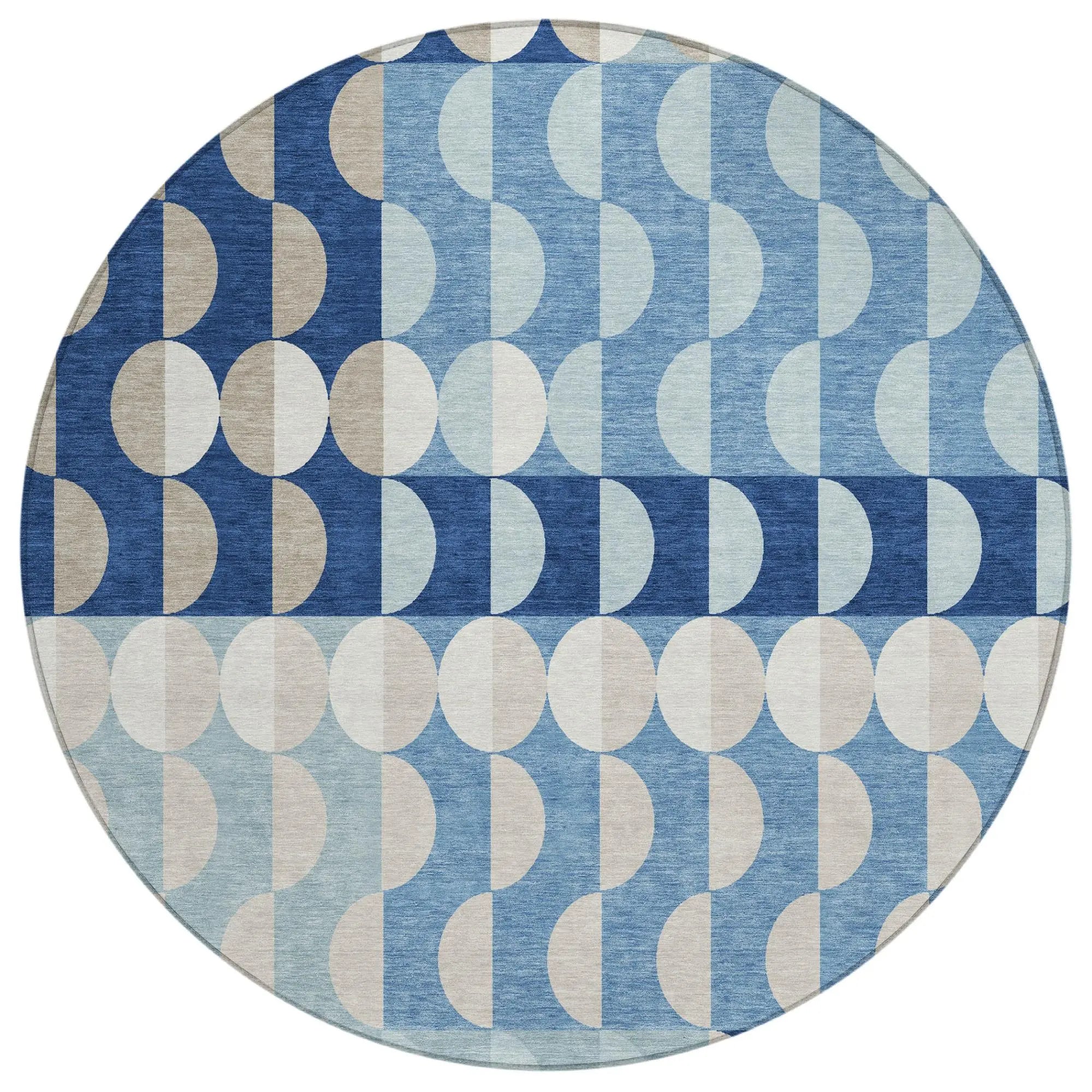 8' Navy Blue And Blue Round Geometric Washable Indoor Outdoor Area Rug Homeroots Outdoor