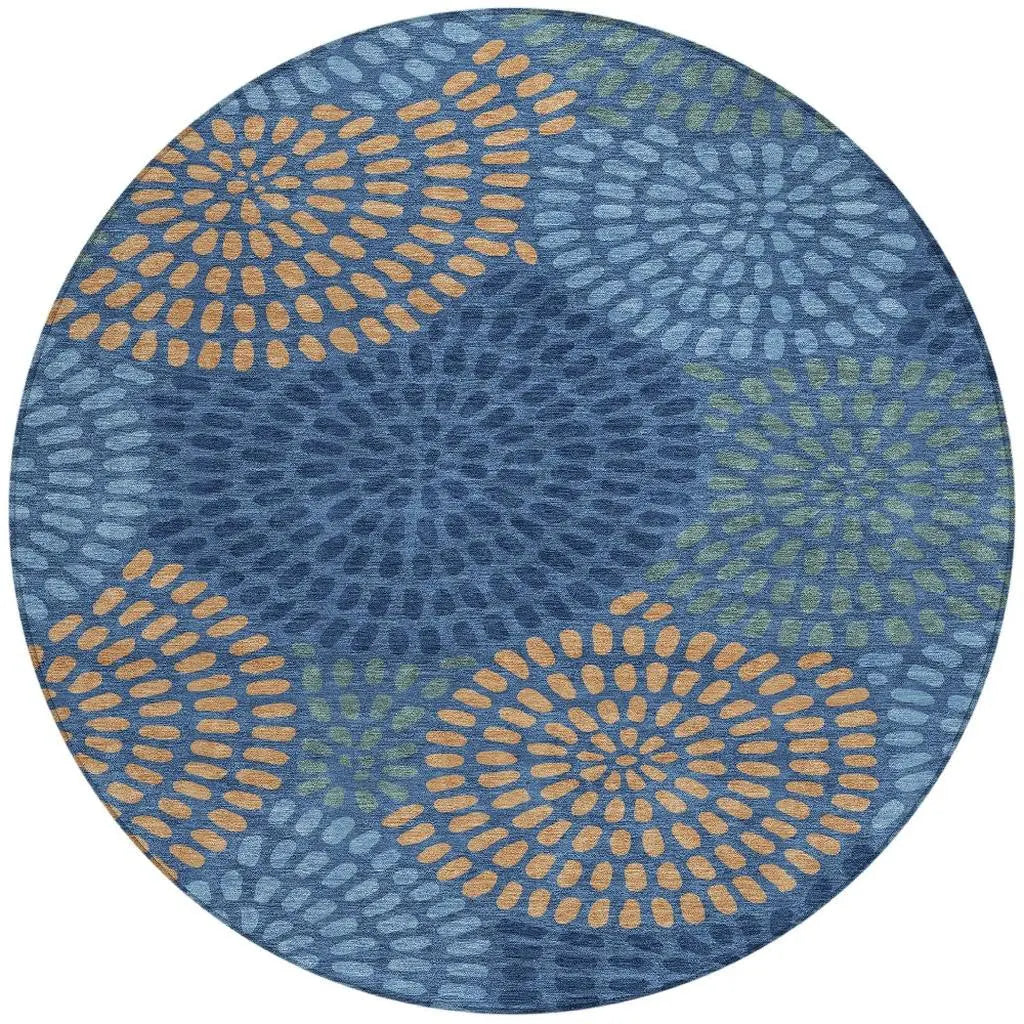 8' Navy Blue And Blue Round Geometric Washable Indoor Outdoor Area Rug Homeroots Outdoor