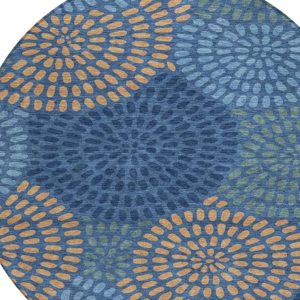 8' Navy Blue And Blue Round Geometric Washable Indoor Outdoor Area Rug Homeroots Outdoor