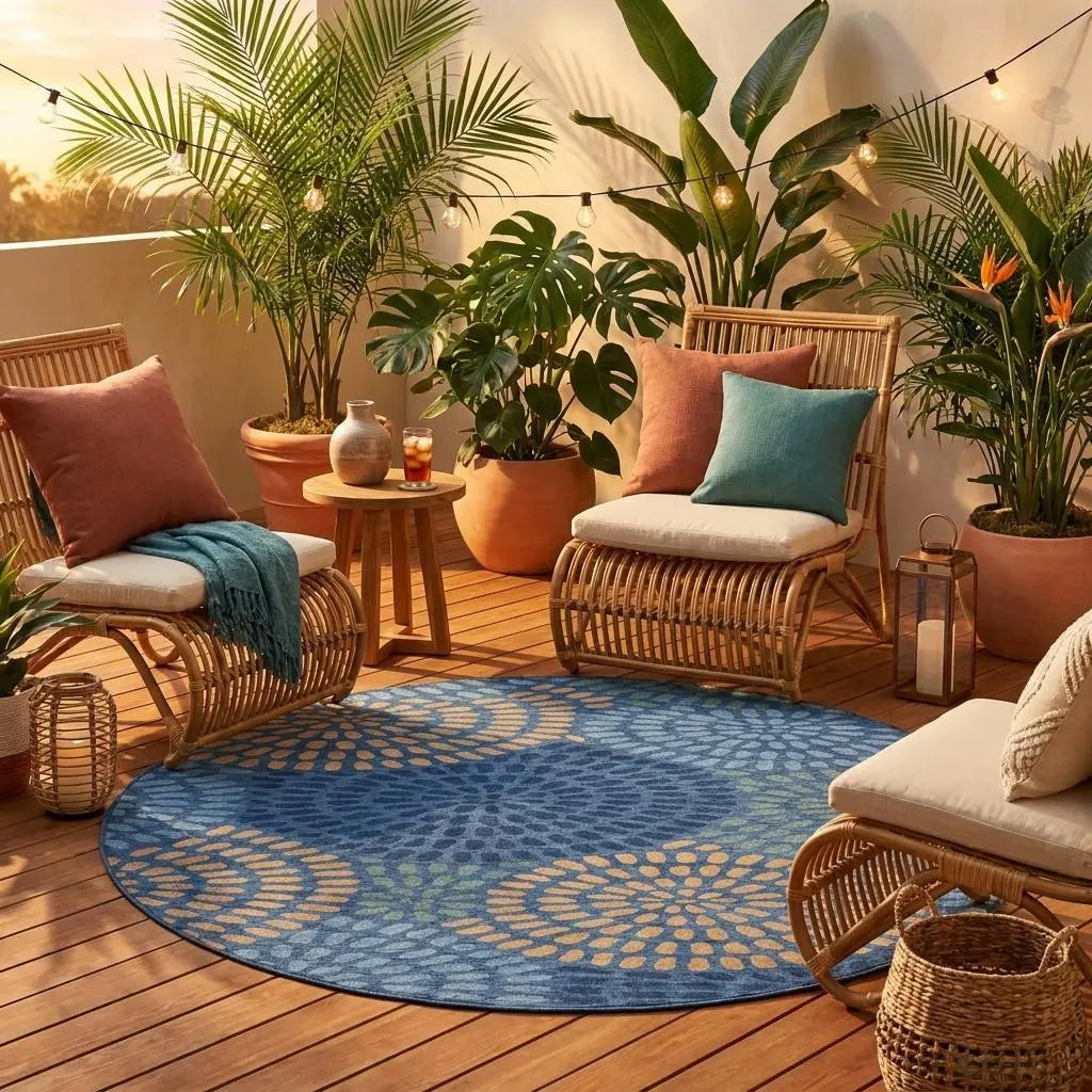8' Navy Blue And Blue Round Geometric Washable Indoor Outdoor Area Rug Homeroots Outdoor