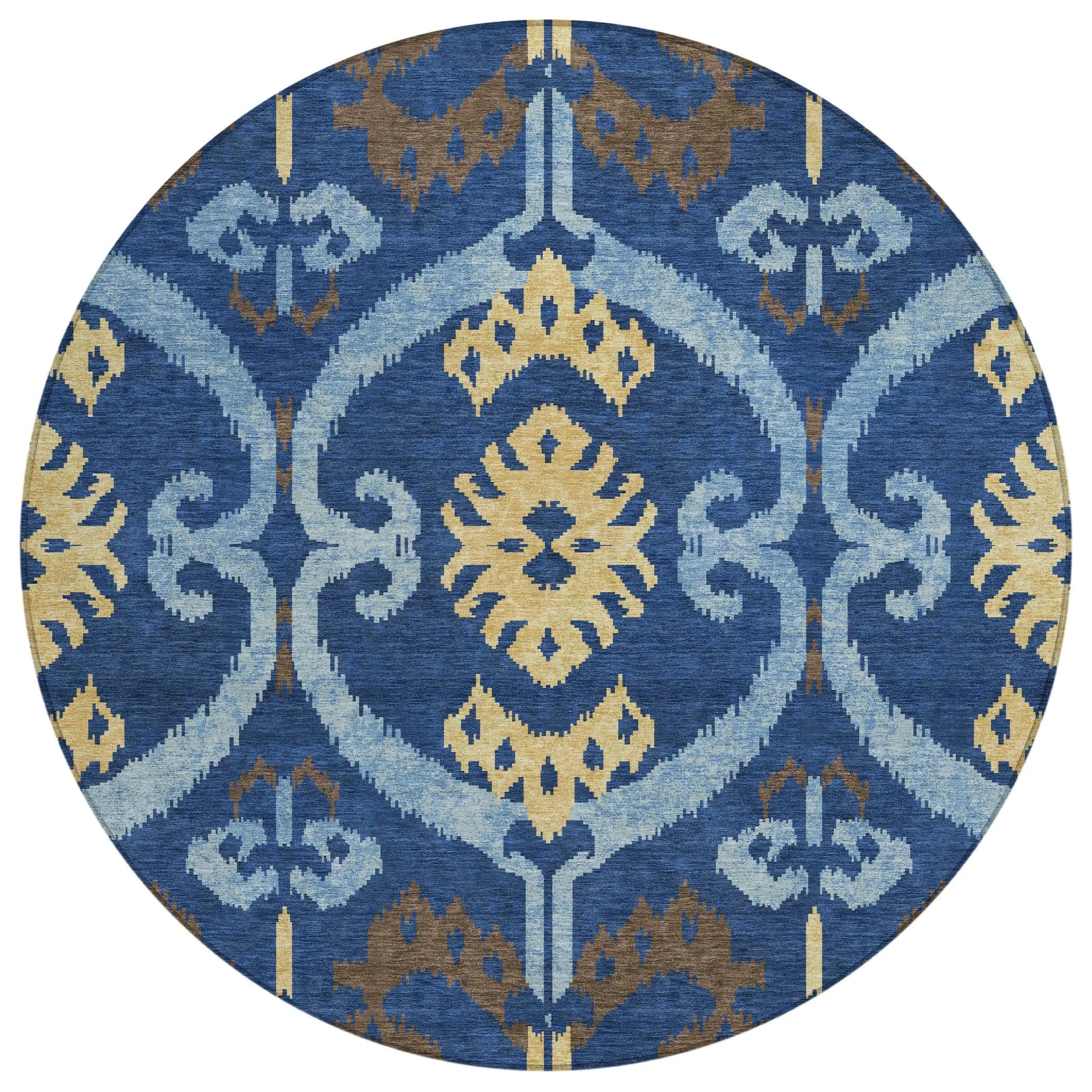 8' Navy Blue And Blue Round Ikat Washable Indoor Outdoor Area Rug Homeroots Outdoor