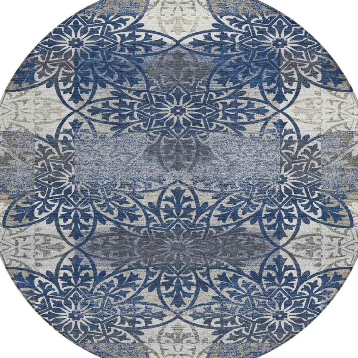 8' Navy Blue And Blue Round Oriental Washable Indoor Outdoor Area Rug Homeroots Outdoor
