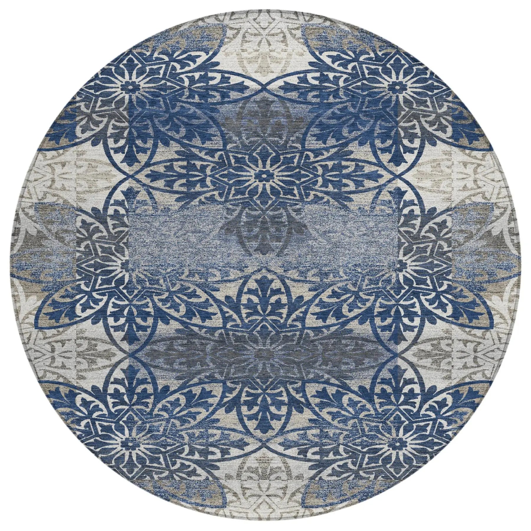 8' Navy Blue And Blue Round Oriental Washable Indoor Outdoor Area Rug Homeroots Outdoor