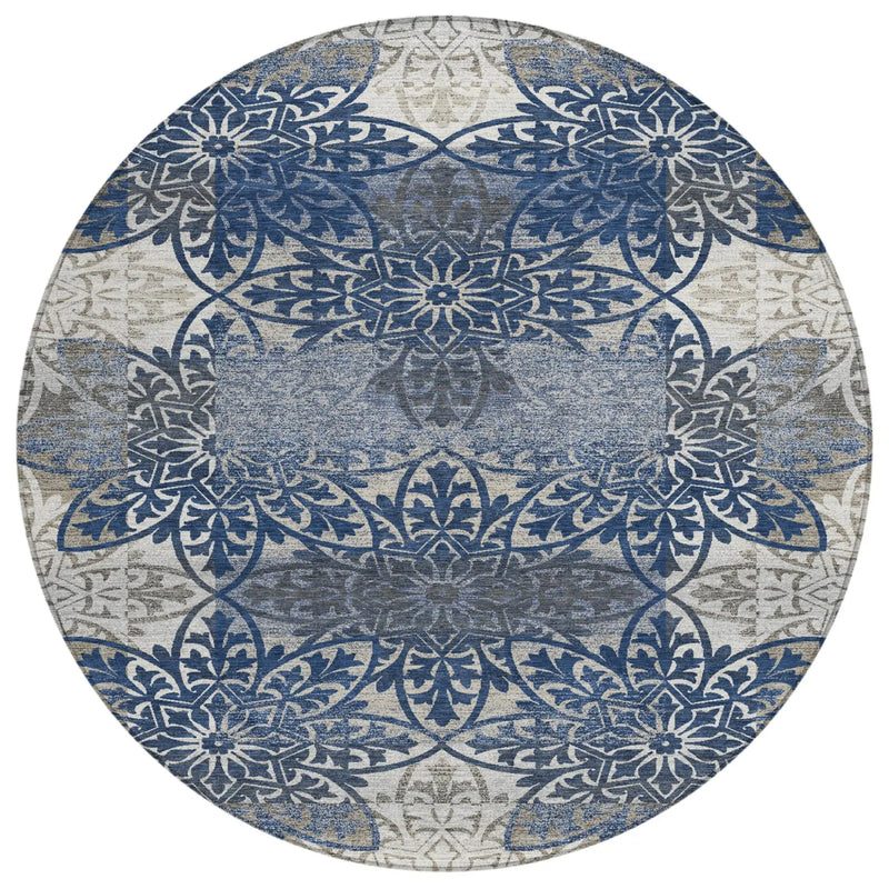 8' Navy Blue And Blue Round Oriental Washable Indoor Outdoor Area Rug Homeroots Outdoor