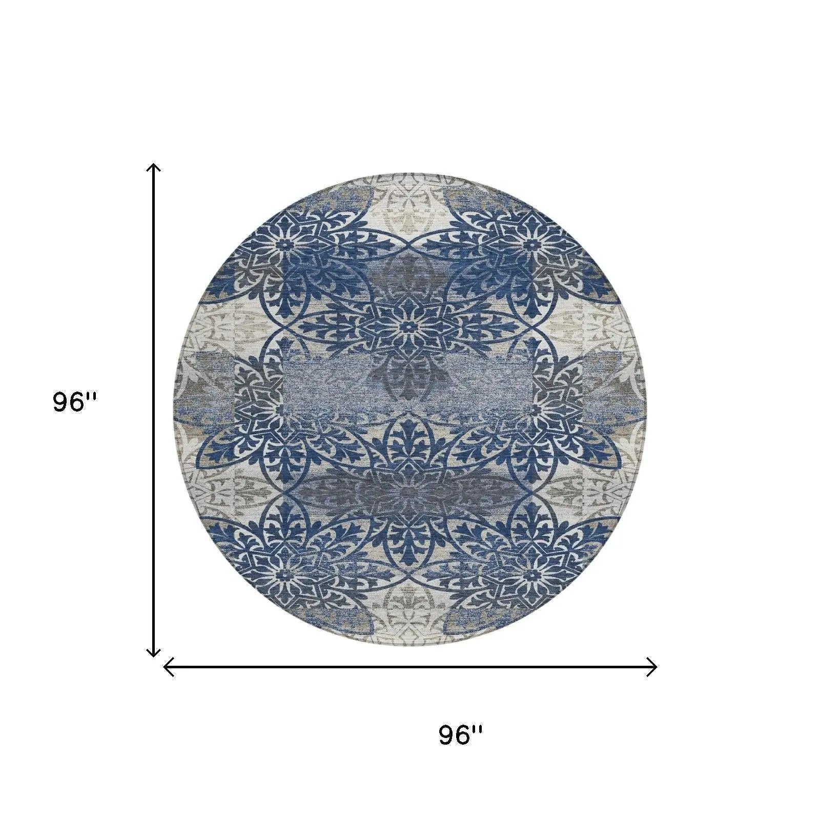 8' Navy Blue And Blue Round Oriental Washable Indoor Outdoor Area Rug Homeroots Outdoor
