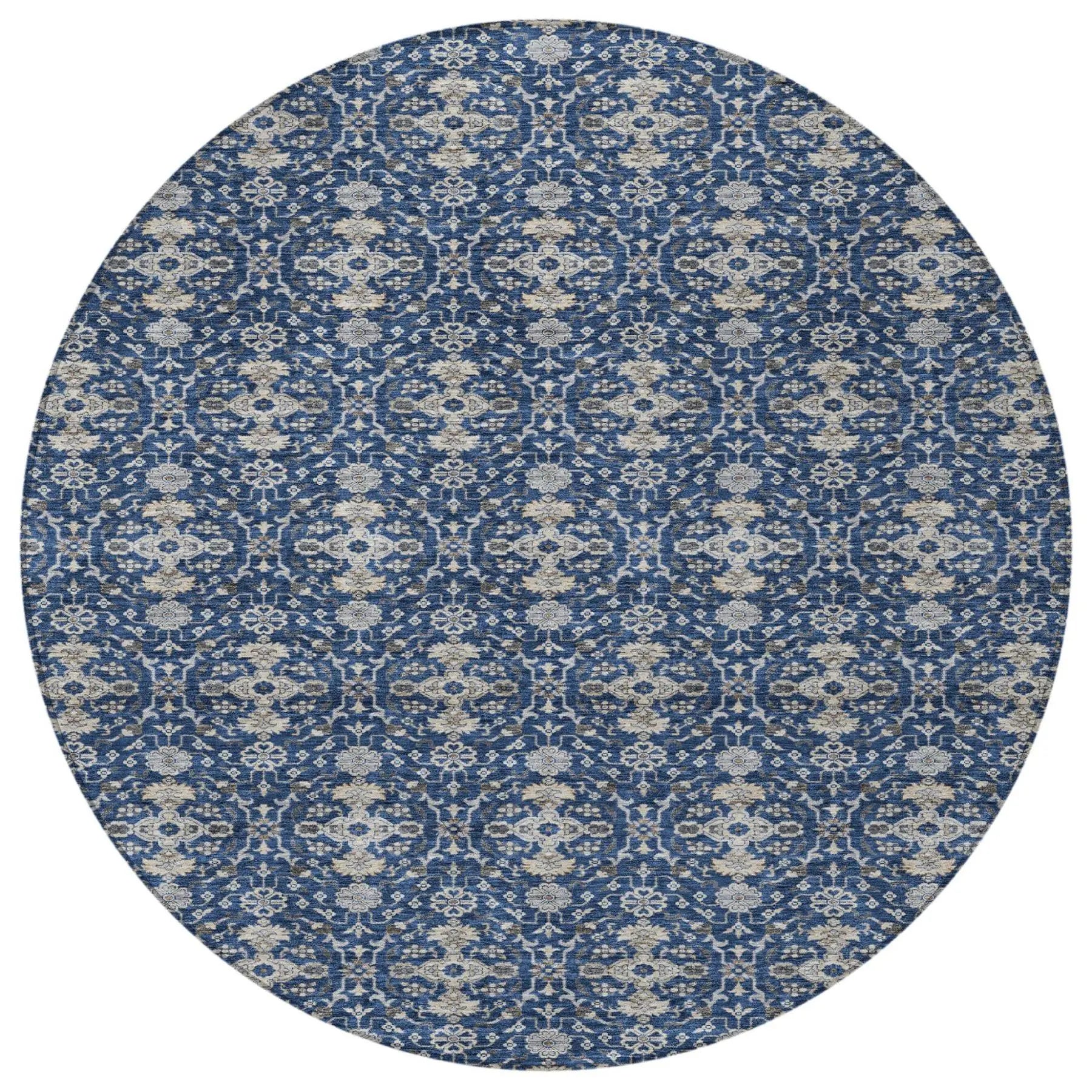 8' Navy Blue And Blue Round Oriental Washable Indoor Outdoor Area Rug Homeroots Outdoor