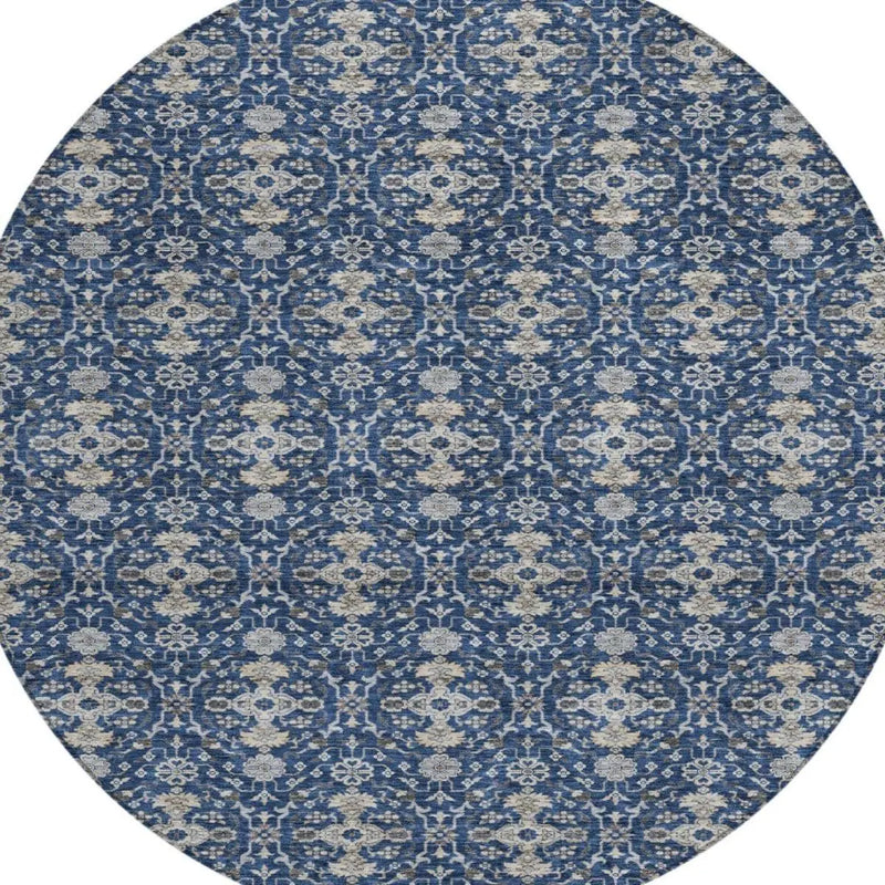 8' Navy Blue And Blue Round Oriental Washable Indoor Outdoor Area Rug Homeroots Outdoor