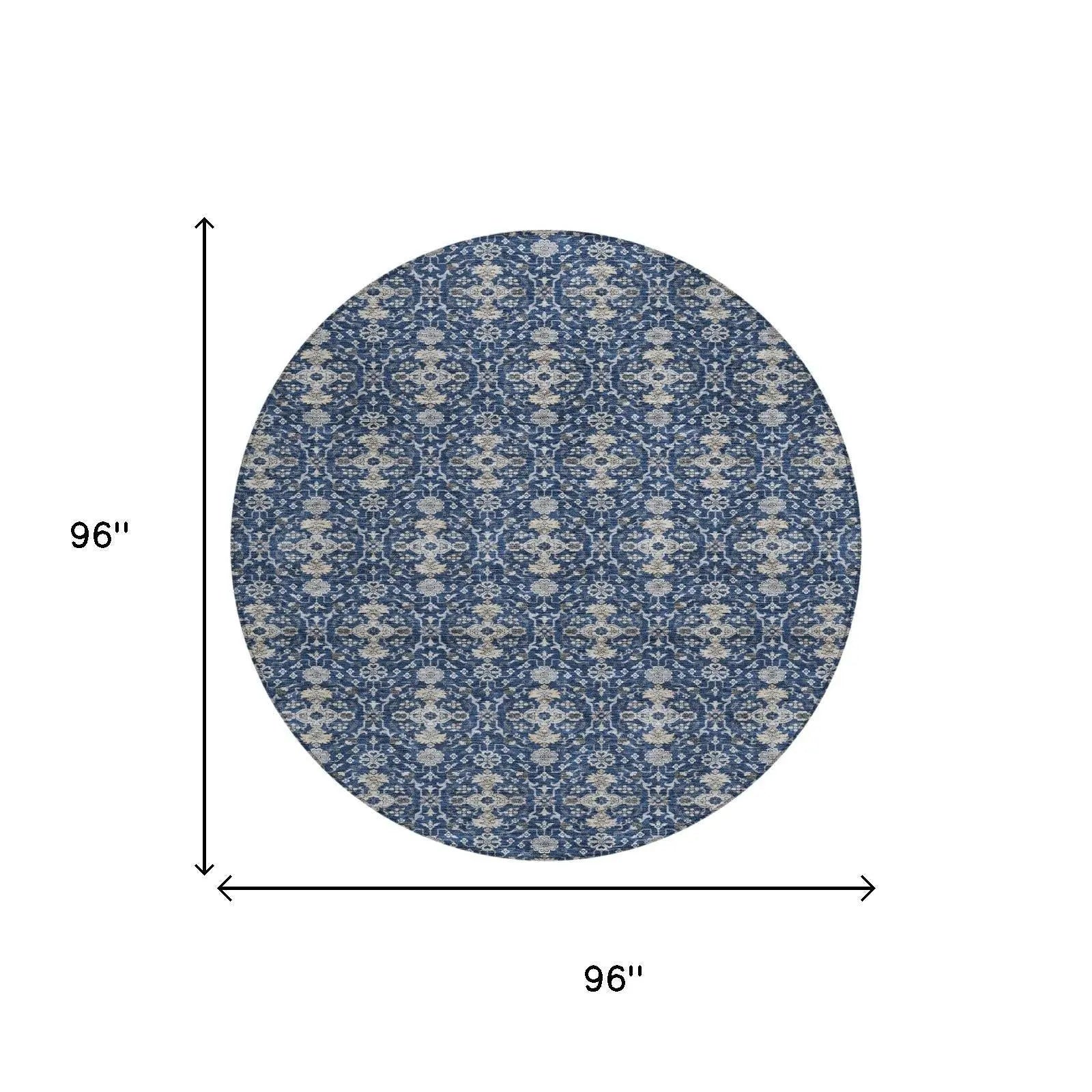 8' Navy Blue And Blue Round Oriental Washable Indoor Outdoor Area Rug Homeroots Outdoor