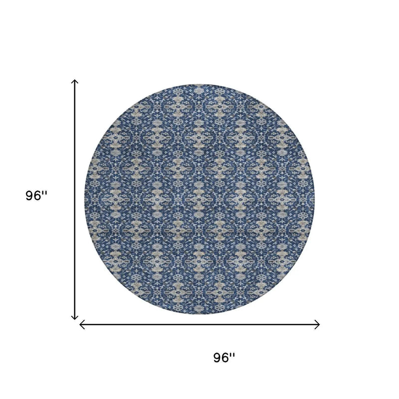 8' Navy Blue And Blue Round Oriental Washable Indoor Outdoor Area Rug Homeroots Outdoor