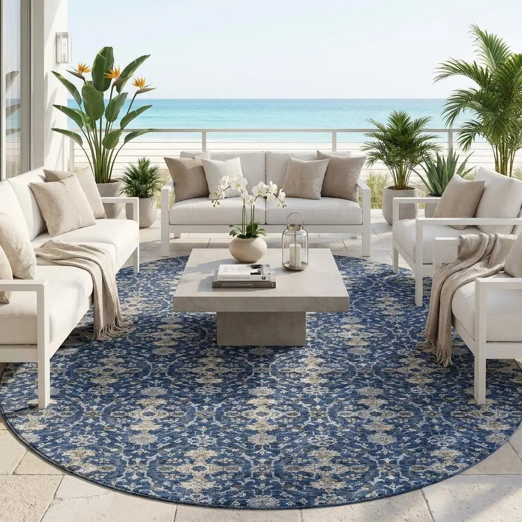 8' Navy Blue And Blue Round Oriental Washable Indoor Outdoor Area Rug Homeroots Outdoor