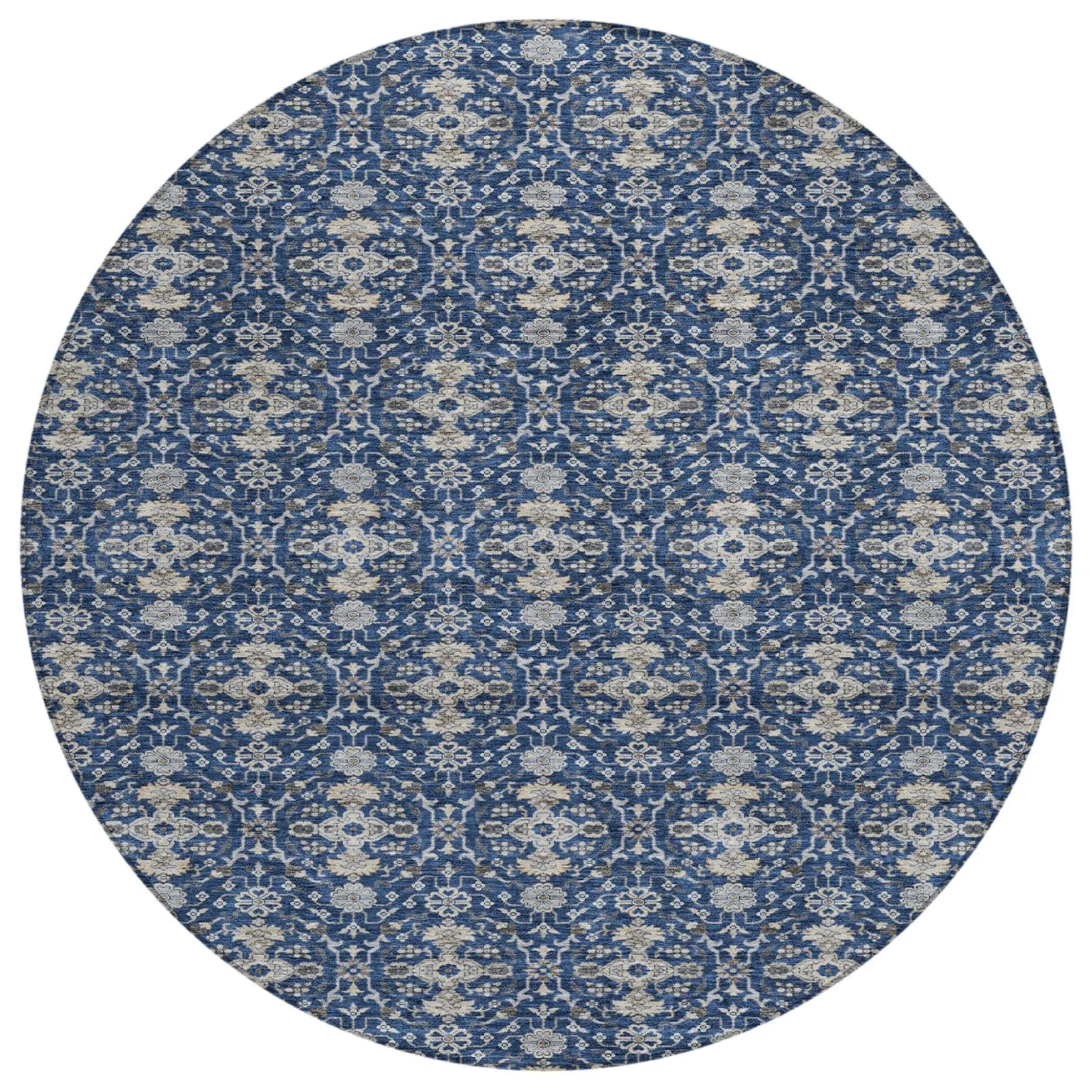 8' Navy Blue And Blue Round Oriental Washable Indoor Outdoor Area Rug Homeroots Outdoor