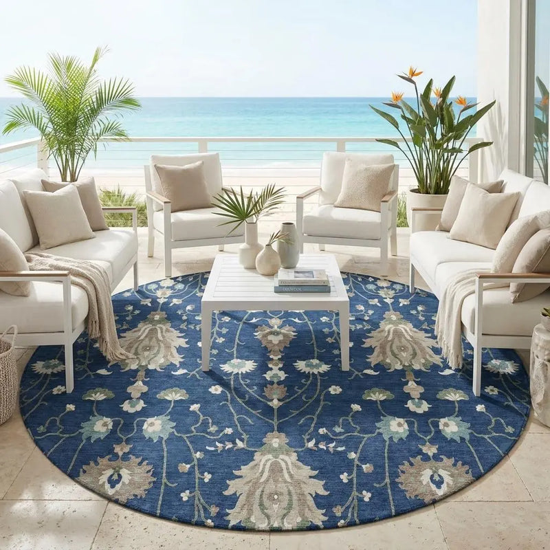 8' Navy Blue And Blue Round Oriental Washable Indoor Outdoor Area Rug Homeroots Outdoor