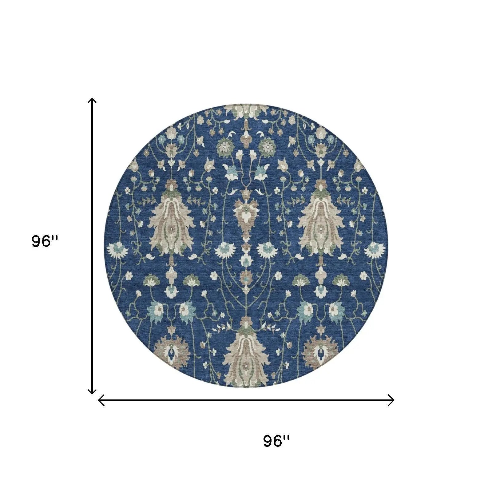 8' Navy Blue And Blue Round Oriental Washable Indoor Outdoor Area Rug Homeroots Outdoor