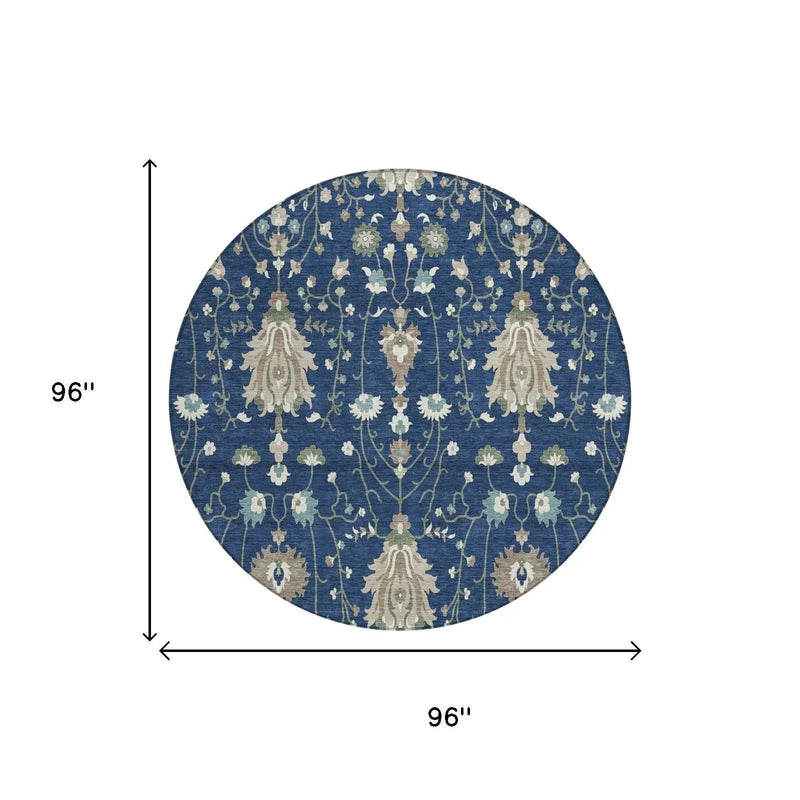 8' Navy Blue And Blue Round Oriental Washable Indoor Outdoor Area Rug Homeroots Outdoor