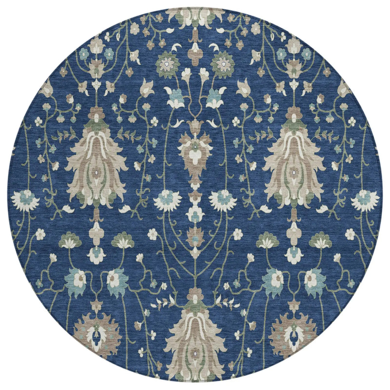 8' Navy Blue And Blue Round Oriental Washable Indoor Outdoor Area Rug Homeroots Outdoor