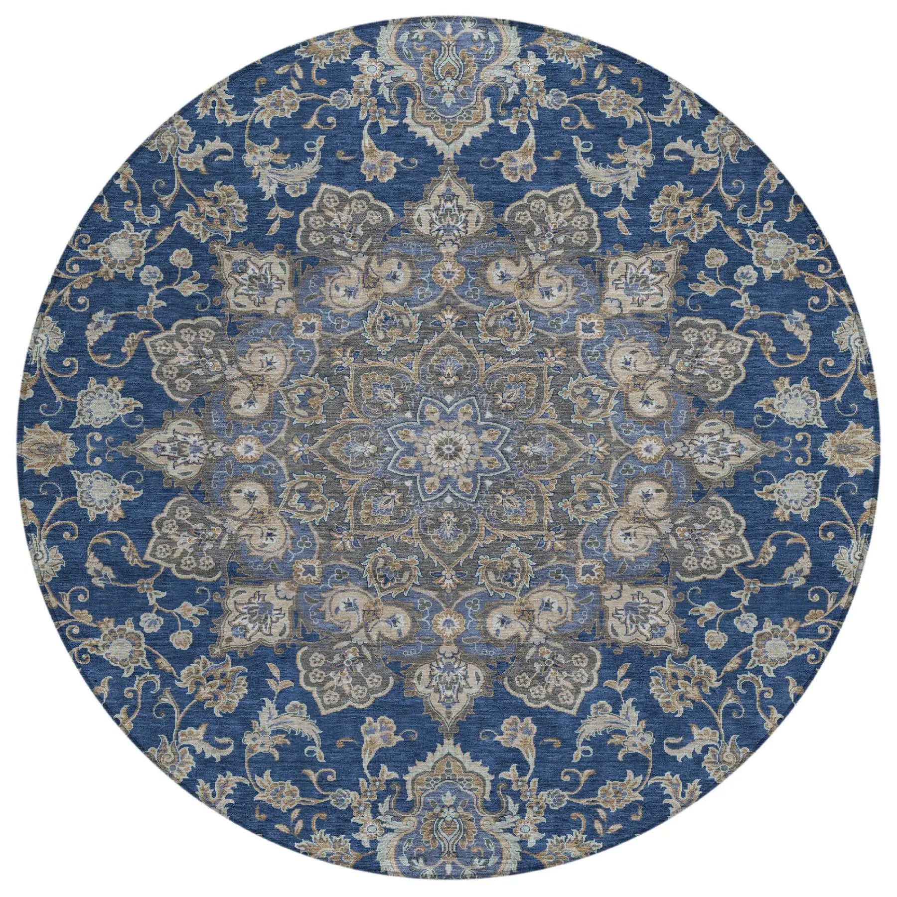 8' Navy Blue And Blue Round Oriental Washable Indoor Outdoor Area Rug Homeroots Outdoor