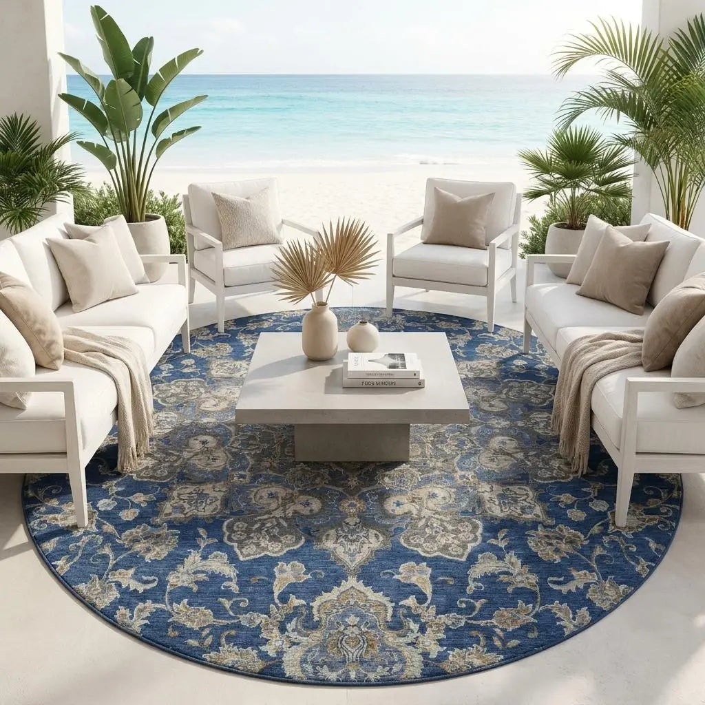 8' Navy Blue And Blue Round Oriental Washable Indoor Outdoor Area Rug Homeroots Outdoor