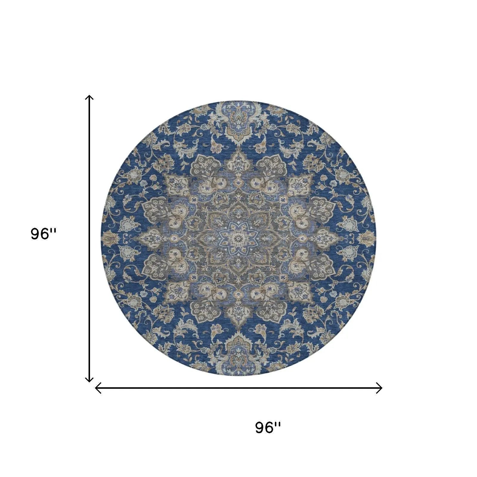 8' Navy Blue And Blue Round Oriental Washable Indoor Outdoor Area Rug Homeroots Outdoor