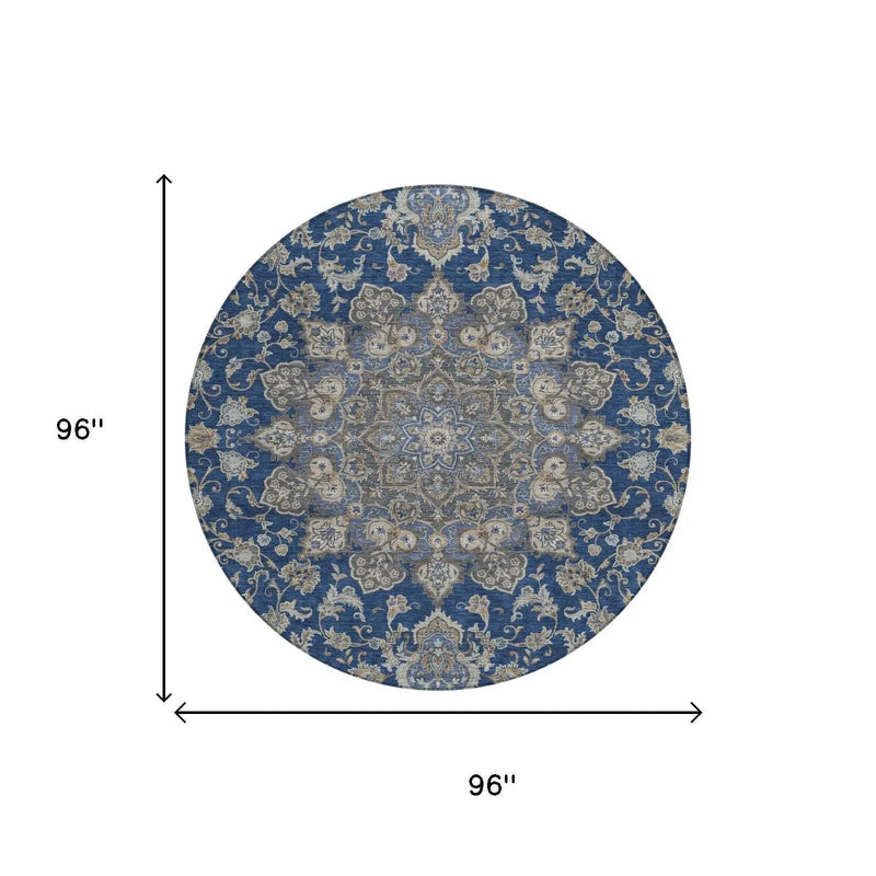 8' Navy Blue And Blue Round Oriental Washable Indoor Outdoor Area Rug Homeroots Outdoor