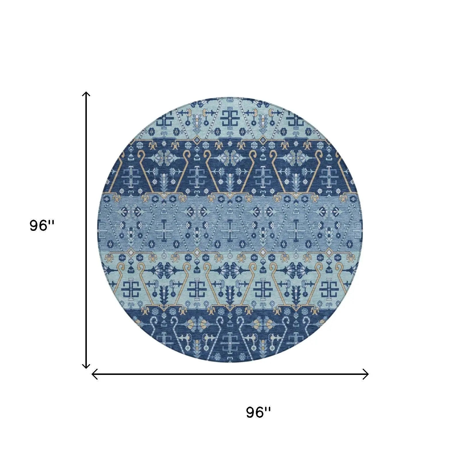 8' Navy Blue And Blue Round Oriental Washable Indoor Outdoor Area Rug Homeroots Outdoor